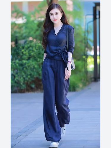 Women's Literary Fashion Youthful Design V-Neck Blouse and Matching High-Waisted Wide Leg Pants #914 - Summer Set 2025