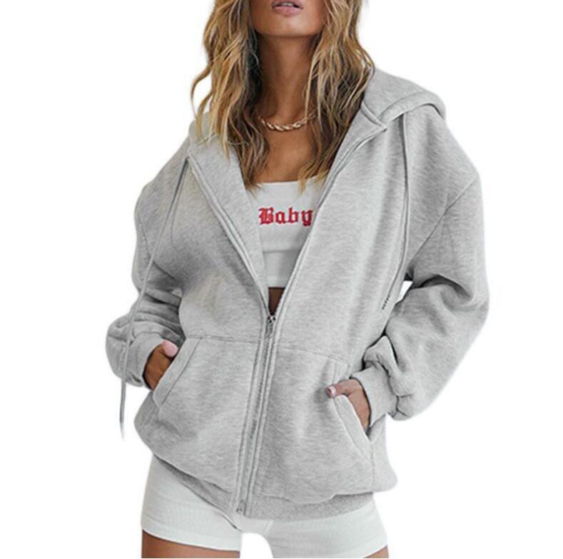 2023 European and American Explosions Women's Thickened Solid Color Zipper Pocket Sweater Jacket Women's Hooded Baseball Clothing Women