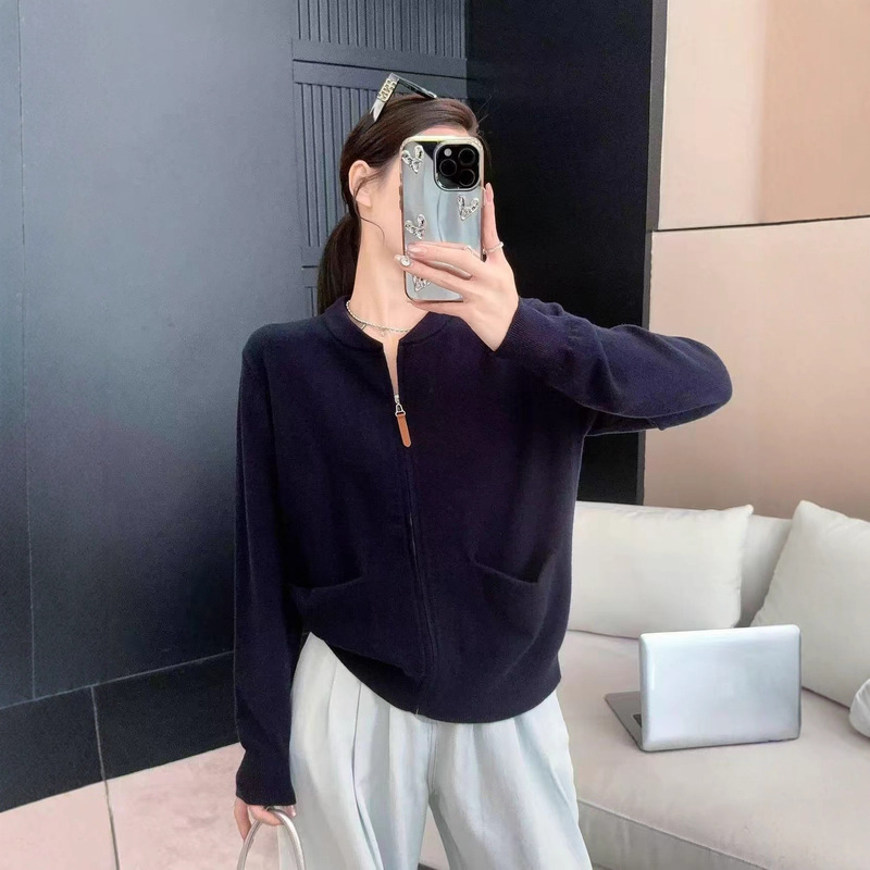 复古慵懒风软糯毛衣外套女秋季2025新款口袋拉链极简显瘦针织上衣|undefined