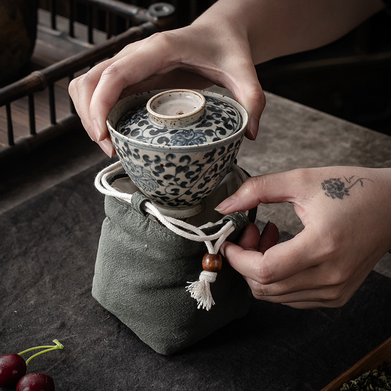 Bolsa de almacenamiento de taza única maestra bolsa de taza maestra taza de té portátil taza de construcción bolsa de tela con cordón de algodón y lino bolsa de tela juego de té