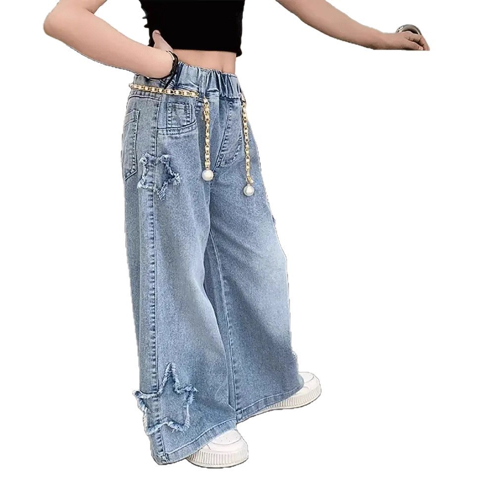 Nuevos pantalones de primavera y otoño para niños de mediana edad coreanos sueltos bordes de lana casuales de estilo extranjero pantalones largos de niñas vaqueros piernas anchas image 5