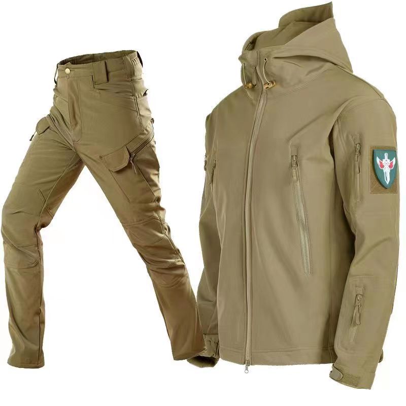 Outdoor Shark Skin Soft Shell Jacket Suit Men's Spring Autumn and Winter Military Fan Windproof Breathable Fleece Mountaineering Jacket