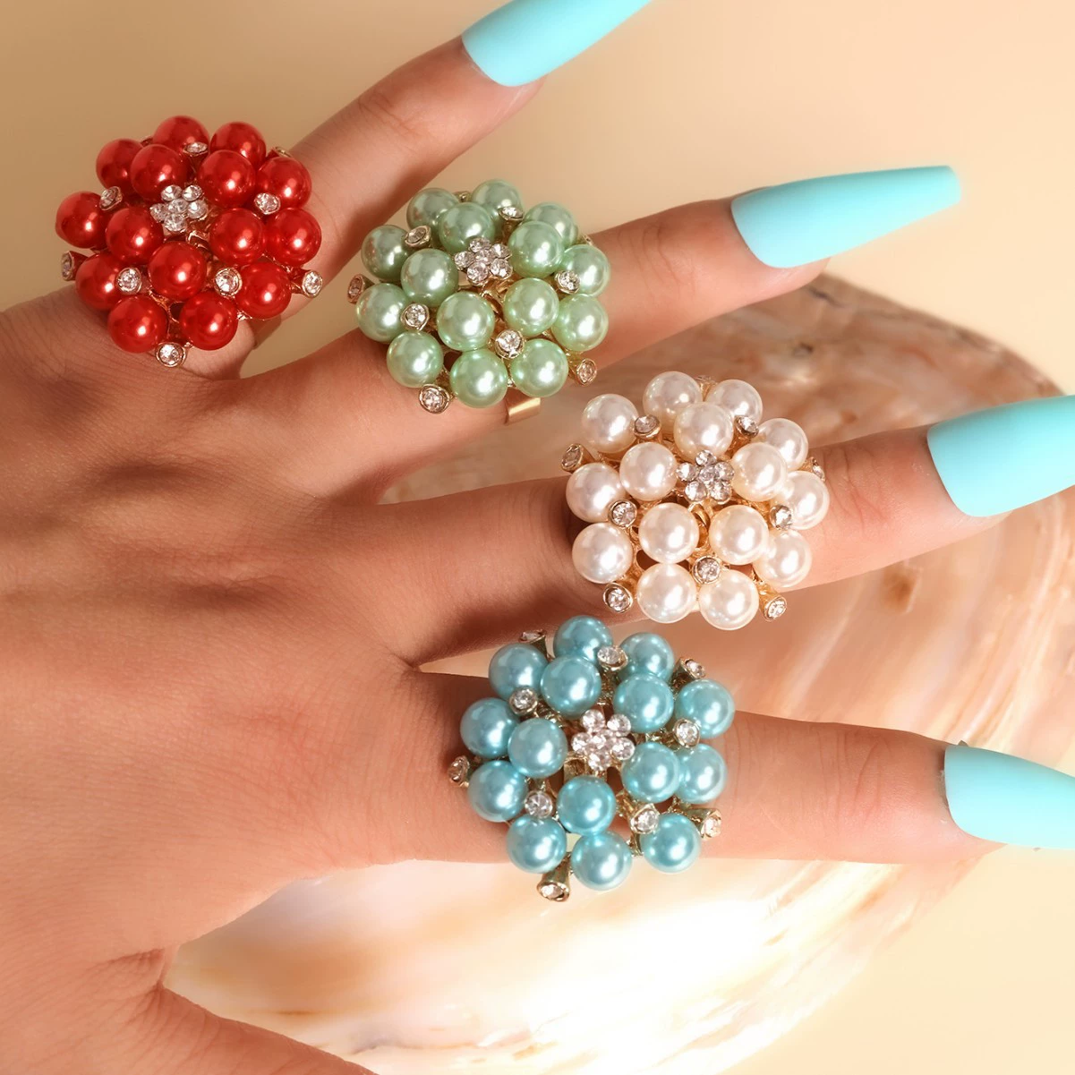 Женское модное многоцветное открытое кольцо с жемчугом и стразами в виде цветка, трансграничные поставки, интернет-знаменитости носят преувеличенное жемчужное кольцо