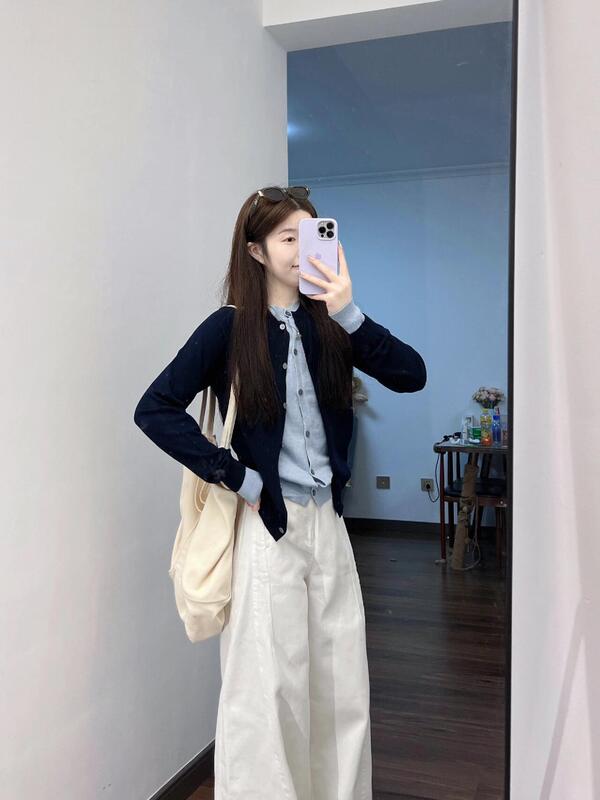 2025韩系撞色假两件针织开衫女早秋设计感毛衣外套秋冬时尚感上衣|undefined