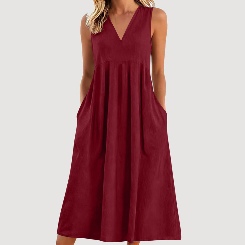 2026 New European and American Cross-Border Solid Color V-Neck Cross-Pleated Sleeveless Mid-Length Dress for Women