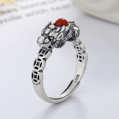 Yunchaoxuan S925 sterling silver retro aged matte craftsman Pixiu coin southern red inlaid antique style open ring