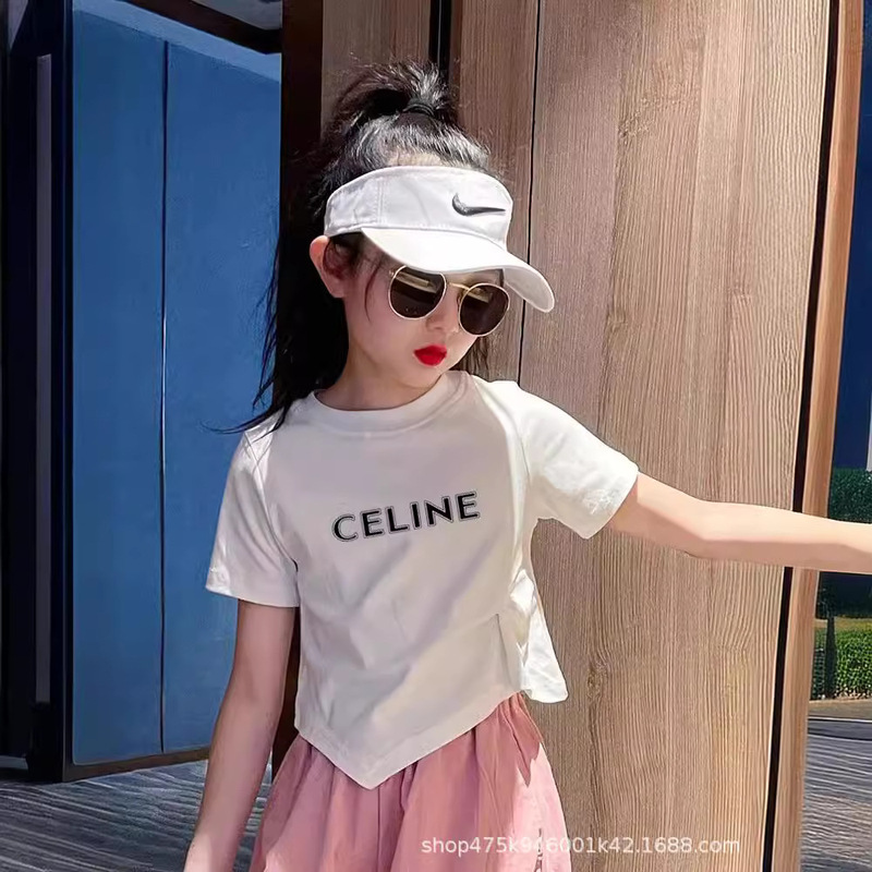Girls' letter printed cotton short-sleeved T-shirt 2024 new summer children's slim-fit irregular short top clothes