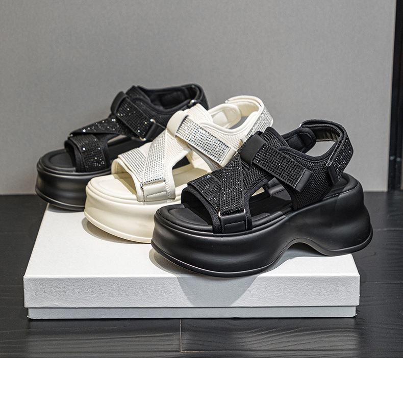 Dép sandal đế xuồng tăng chiều cao lưới thoáng khí đính đá phong cách casual nữ — M2597 màu đen, M2597 màu be chi tiết 6