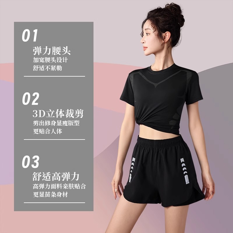 Running Sports suit Women's Summer Quick-drying Ice Silk T-shirt Yoga Clothing plus size Short-sleeved Morning Running Fitness Clothes High Elastic