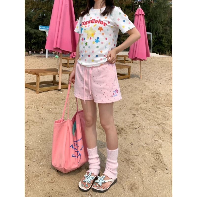 Summer polka dot print casual sports shorts for female students, Korean style, loose and versatile, trendy wide-leg three-quarter pants Summer polka dot print casual sports shorts for female students, Korean style, loose and versatile, trendy wide-leg three-quarter pants