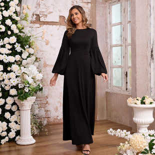 Cross-Border Muslim Clothing Middle Eastern Dress New Women's Solid Color Spring and Summer Puff Sleeve Waist Fashion Dress for Women