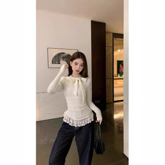韓国系の灰色のレースは長袖のtシャツの女性の秋のバレエの風をつなぎ合わせて純粋に身を修めたいです。