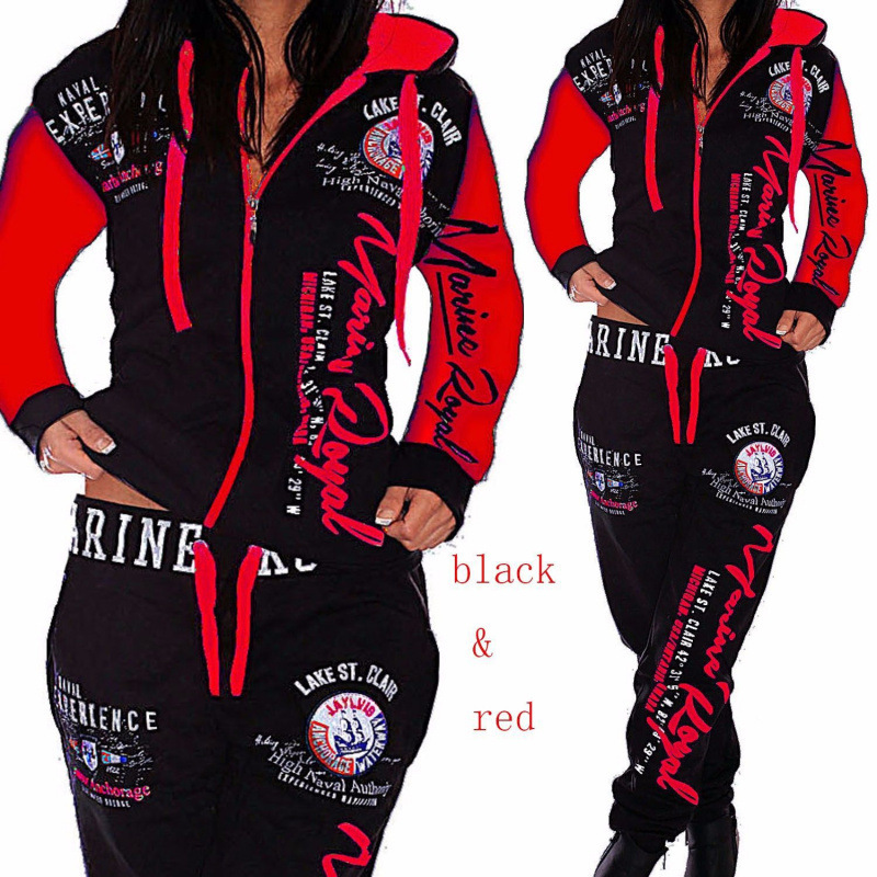 Sports and leisure suit美式印花字体接链长袖连帽长裤女士套装|undefined