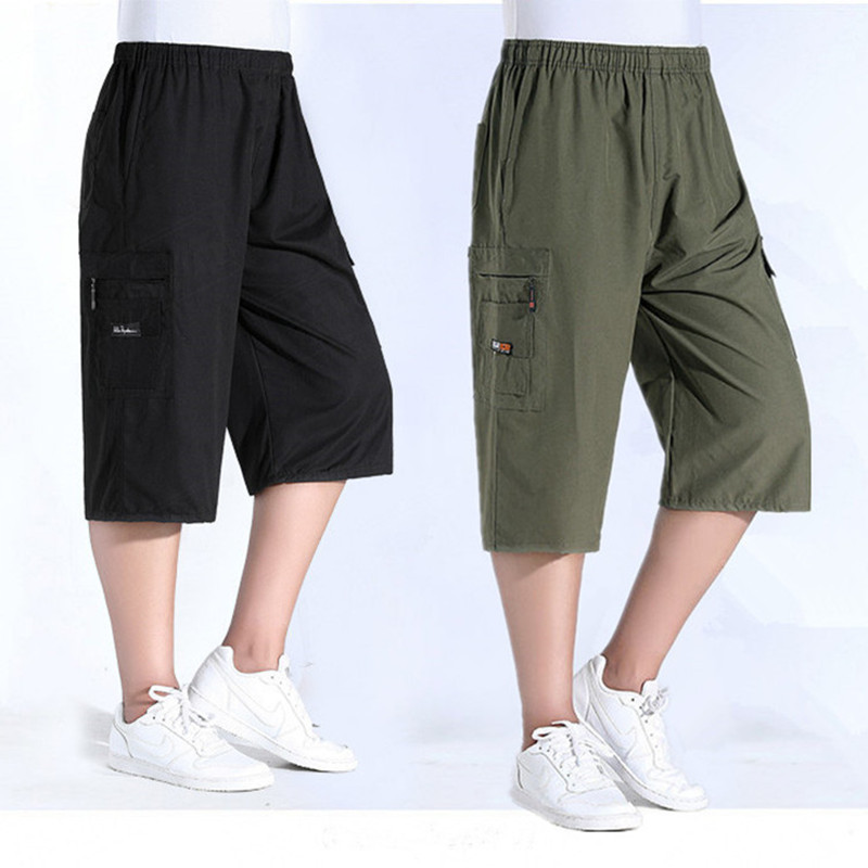 Summer Workwear Cropped Pants for Men, Middle-Aged and Elderly Grandpa Shorts, Elastic Waist Pants, Men's Straight Loose Casual Pants