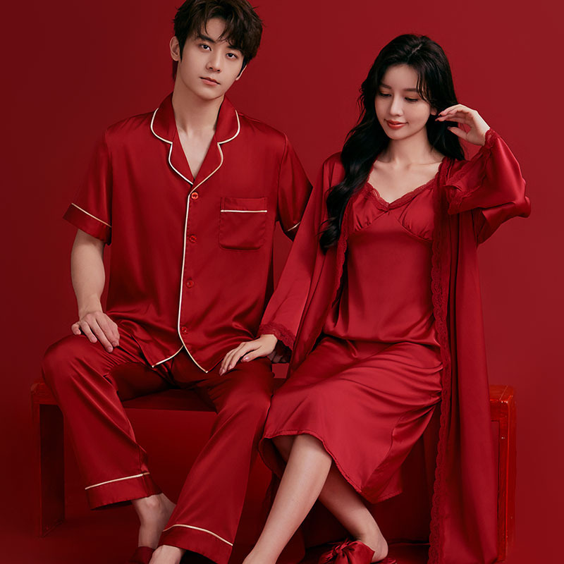 Wedding Pajamas Female Bride Morning Gown Newlywed Couple suit Men's Ice Silk Red High-end Wedding Life Year Home Clothes