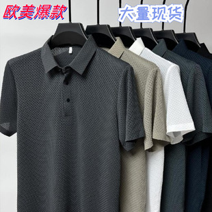 Temu Specializes in Classy Mesh Ice Silk Short-Sleeved T-Shirt Men's Shirt Collar Summer Pure Color New Slip Material Polo Shirt Half