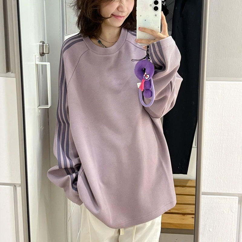 美式潮牌三条杠华夫格无帽卫衣女春秋oversize薄款外套慵懒上衣|undefined