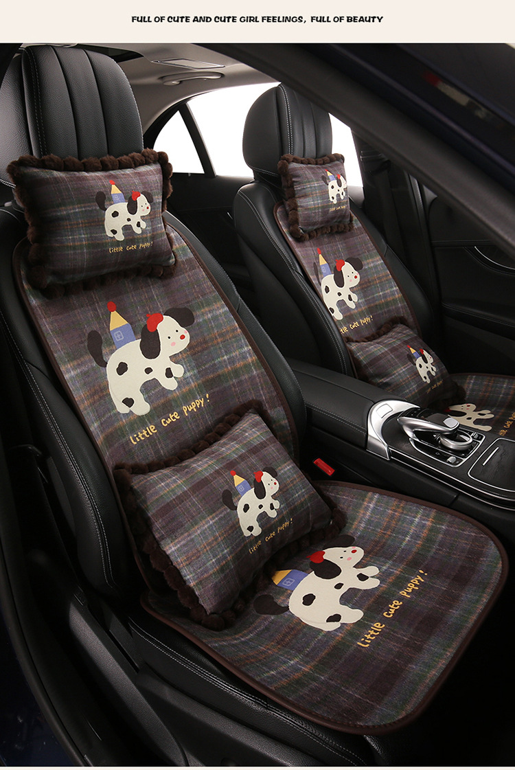 Blue and Gray Crayon Dog Car Seat Cushion, Suitable for All Seasons, Breathable and Non-Slip in Summer, Cartoon Cute Seven-Piece Set