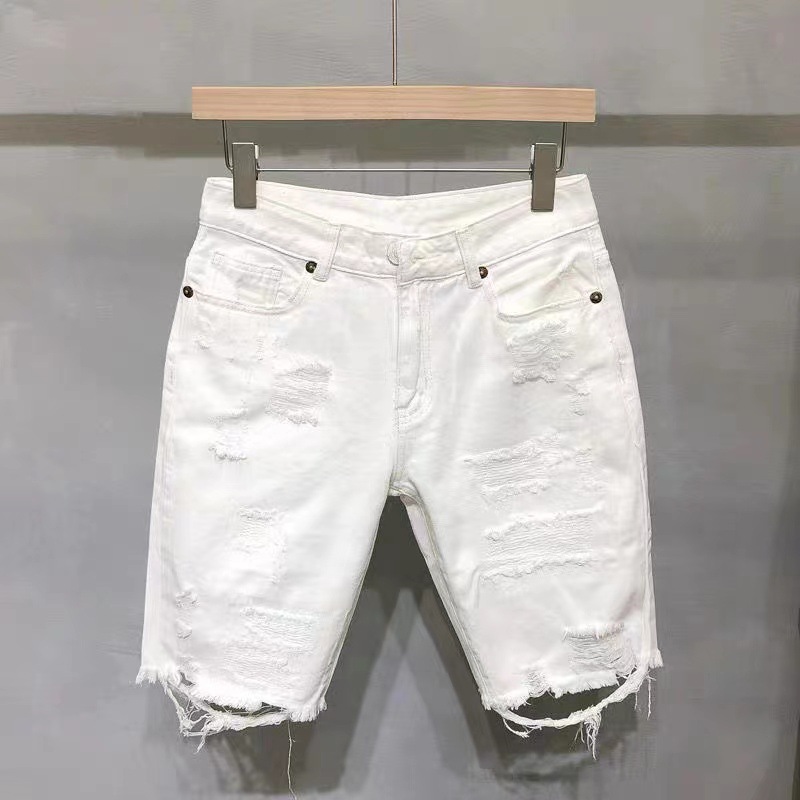 Women's High-Waisted White Denim Shorts Straight Leg Loose Fit Ripped Mid-Length Trendy Summer Style Casual Thin_mkmklike.com