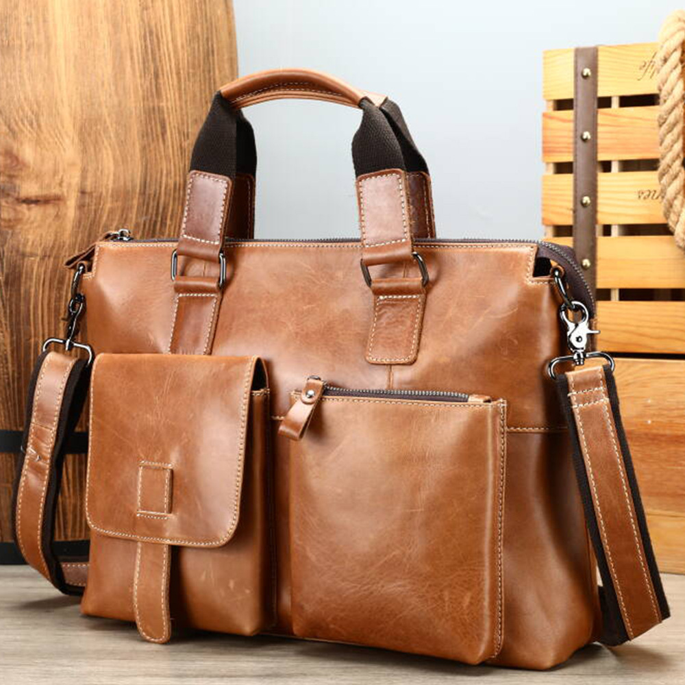 Amazon hombres maletín de cuero vintage primera capa de piel de vaca bolso de hombro de negocios de 14 pulgadas bolso de la computadora al por mayor