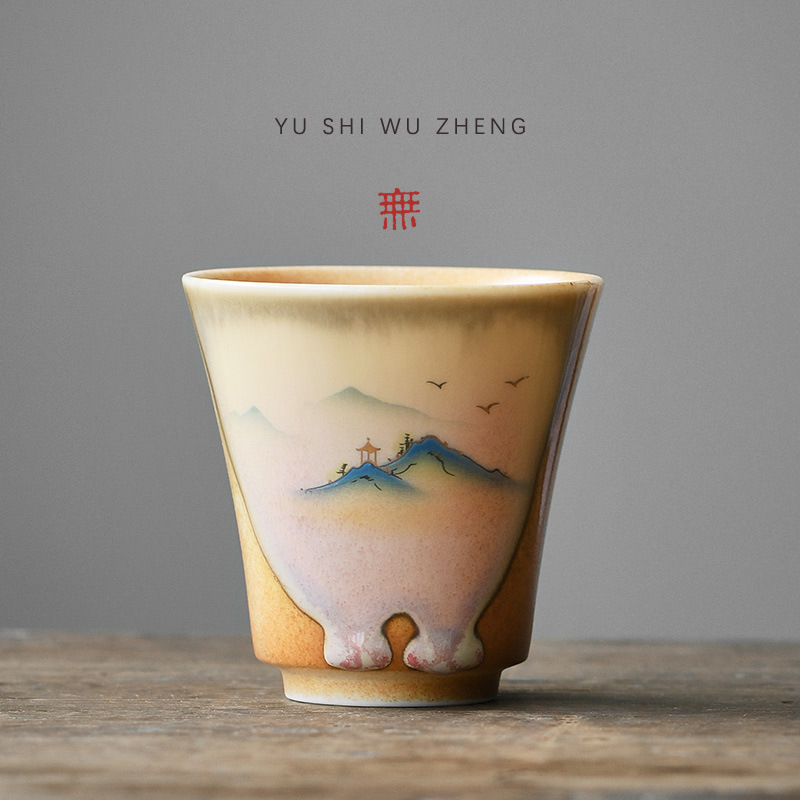 Scenic landscape ceramic tea cup antique glaze soda firing rough clay tea set tasting cup creative large horseshoe cup