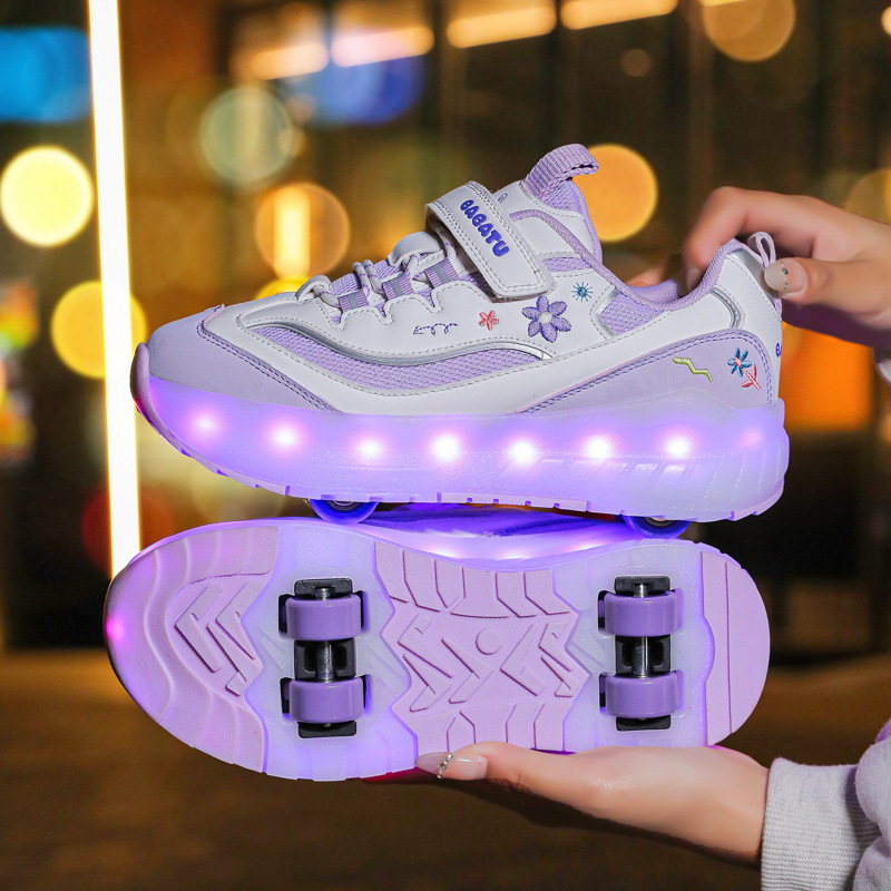 Children's heloo shoes colorful lights sports pulley shoes girls four-wheel double mesh breathable skates support cross-border