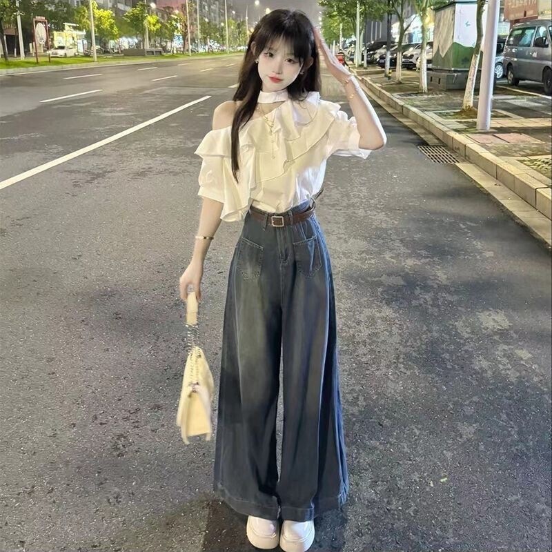 2026 Trendy New Ruffled Halter Neck Short-Sleeve Off-Shoulder Shirt T-Shirt + High-Waisted Denim Floor-Length Wide-Leg Pants Set 2026 Trendy New Ruffled Halter Neck Short-Sleeve Off-Shoulder Shirt T-Shirt + High-Waisted Denim Floor-Length Wide-Leg Pants Set