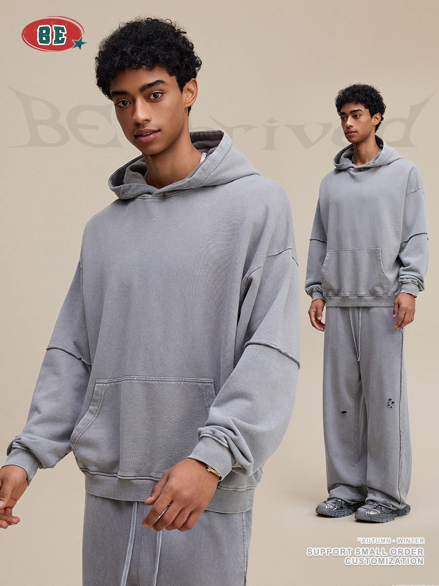 BE Men's Wear 2025 otoño americano pesado costura falsa dos piezas retro viejo copo de nieve frito con felpa suéter con capucha hombre image 6