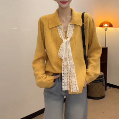 设计感系带蝴蝶结Polo领针织衫女秋冬新款宽松显瘦毛衣开衫外套