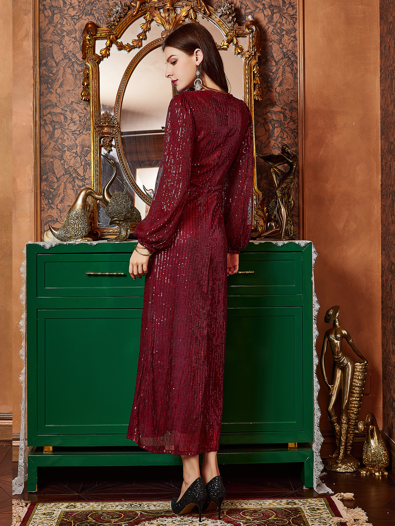 Otoño e invierno nuevo estilo europeo y americano ropa de mujer transfronteriza vestido de comercio exterior falda media cuello en V vestido de fiesta de lentejuelas de manga larga