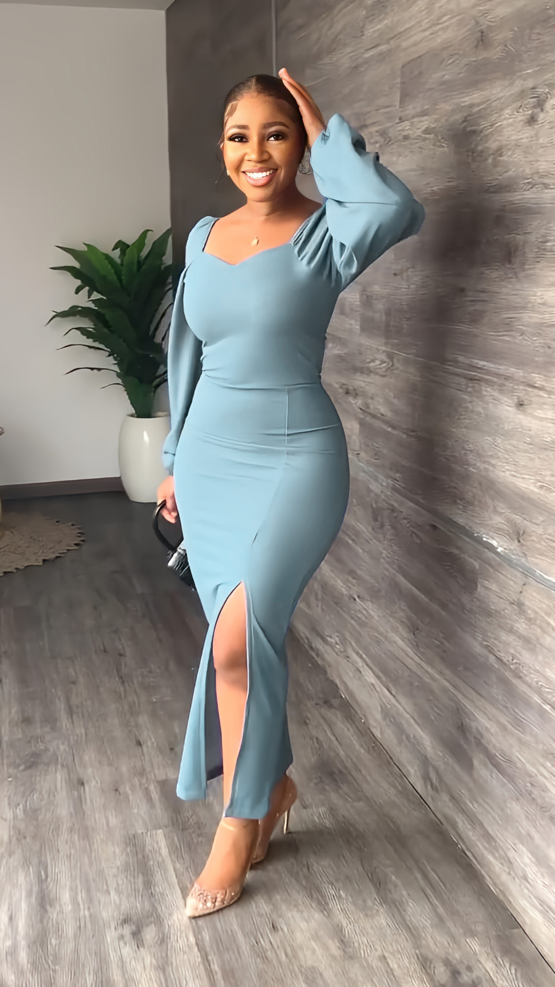 solid color Slim Backless long sleeve Slit Dress NSXLY136637