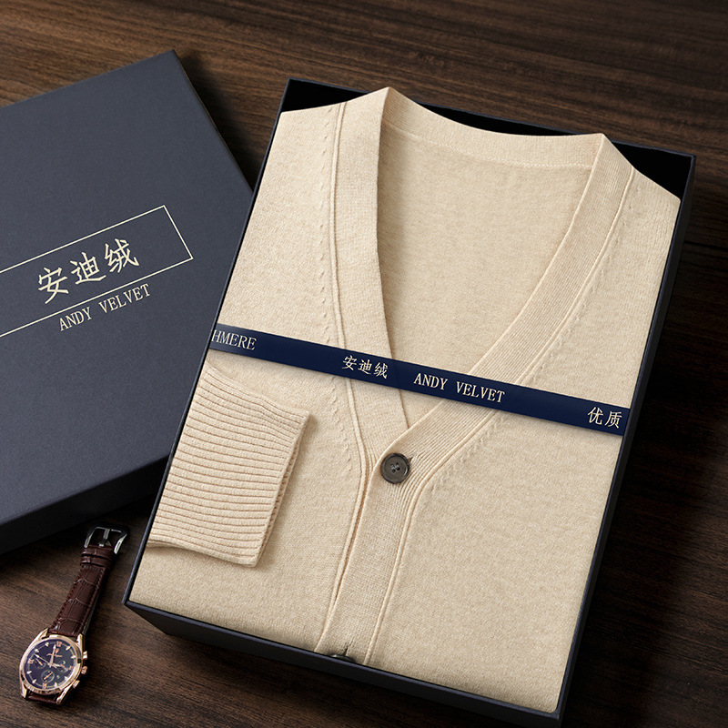 V-neck knitted cardigan coat men's Andy velvet long sleeve new autumn and winter loose plus size gentleman men's sweater wholesale