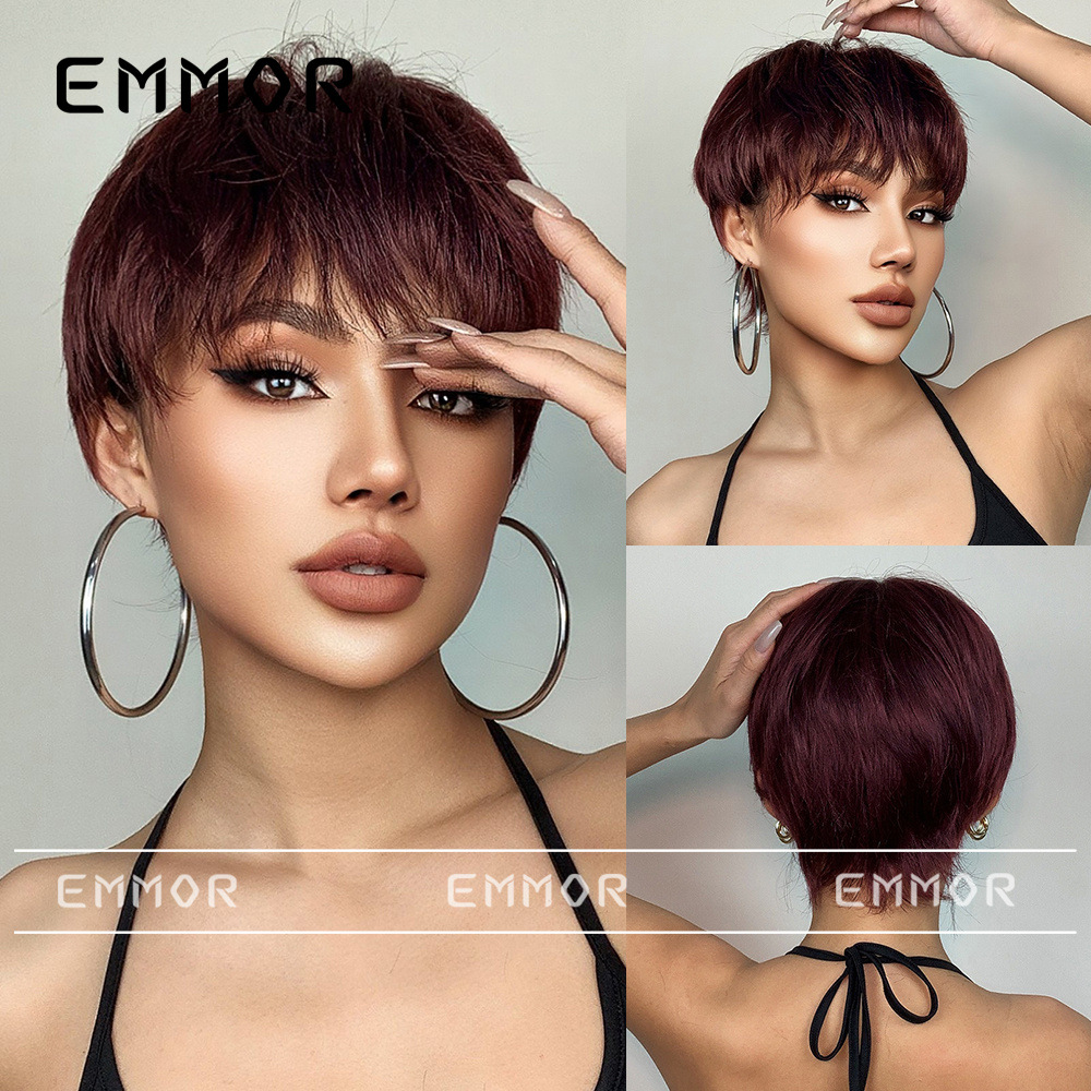 Emmor Peluca de moda transfronteriza nivel natural Bangs Pelo Corto pelo recto reducción de la edad cabeza de onda Peluca de las mujeres