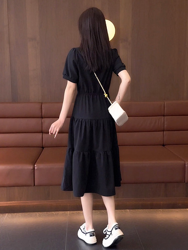 Summer Short-Sleeve Dress for Women, Medium-Long Length, 2025, Elegant, Slimming, Waist-Clinching, Fashionable, High-Waist Round Neck Dress
