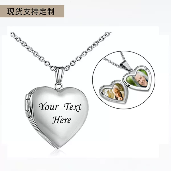 Laser Engraving Stainless Steel Peach Heart Pendant European and American DIY Creative Photo Couple Souvenir Love Necklace