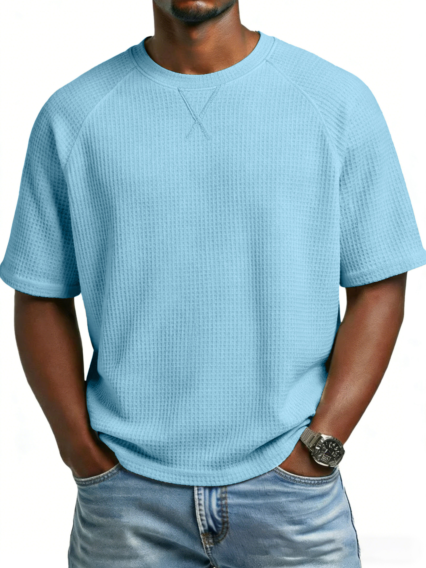 Europa y los Estados Unidos primavera y verano estación independiente transfronteriza hombre waffle de punto de manga de hombro cuello redondo TK manga corta camiseta de comercio exterior de hombre