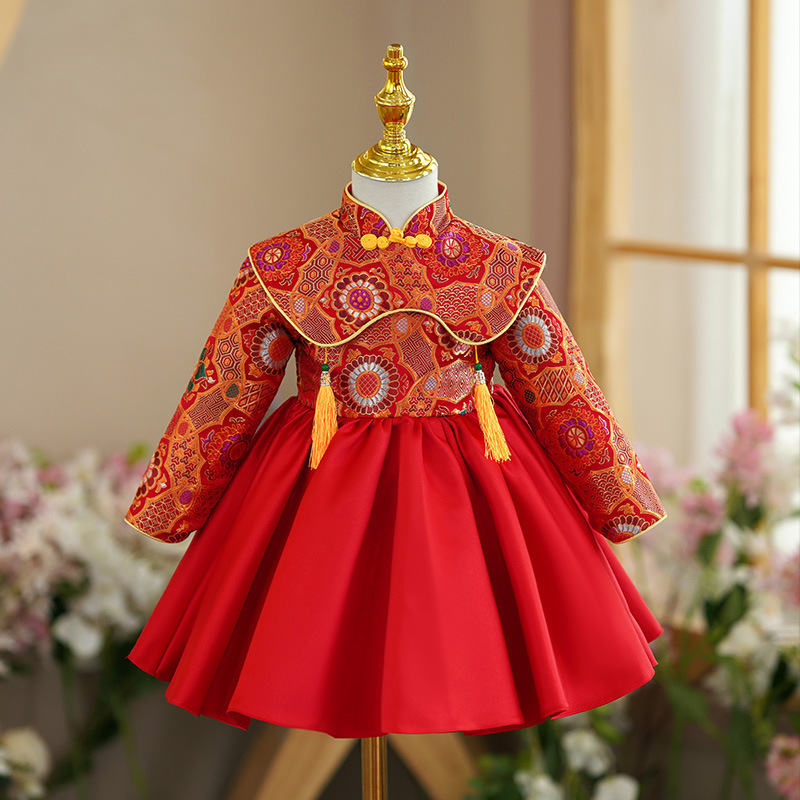 Baby Girl One-Year-Old Dress Red New Chinoiserie Printed Ethnic Style Han Dynasty Kidsren's Dress Long-Sleeved Autumn and Winter Style Baby Girl One-Year-Old Dress Red New Chinoiserie Printed Ethnic Style Han Dynasty Kidsren's Dress Long-Sleeved Autumn and Winter Style