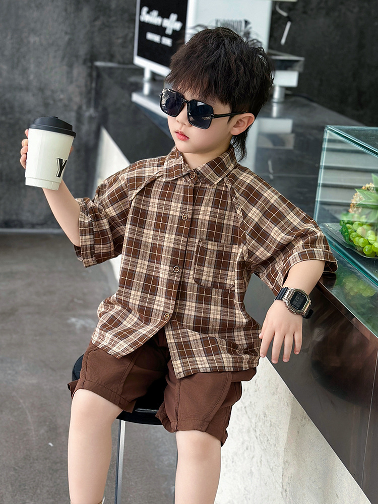 Camisa a cuadros de manga corta para niños 7240, ropa infantil, pantalones cortos holgados, pantalones cortos de verano 2026, nuevo estilo, pantalones cortos elegantes para bebé