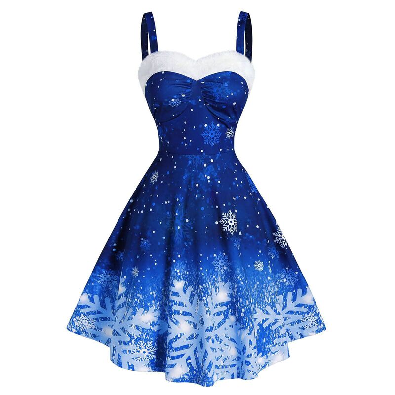 Amazon 2021 Christmas Festival One Lady Sling Shoulder Gradient Snowflake Print Vintage Dress