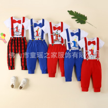 2025欧美亚马逊速卖通特姆热销童装生日印花背带裤短袖长裤背带