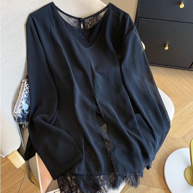 Trendy Splicing Lace Black Shirt Lace European Sun Protection Shirt Blouse Spring and Summer European Women's Tops New Style