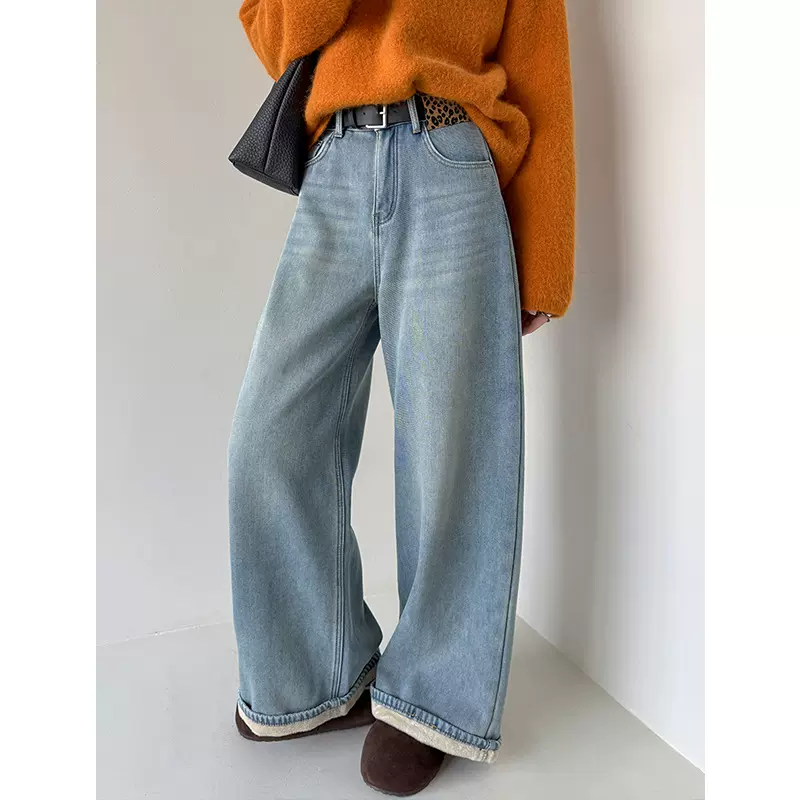 橘芷冬季新款加厚牛仔裤显瘦拖地直筒长裤牛仔裤(无腰带)255202