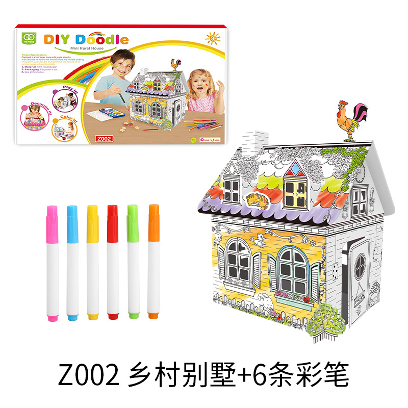 Juguete de cartón de montaje de graffiti de bricolaje para niños 3D pintura de la casa de papel tridimensional se puede pintar en color castillo espacio casa de cohetes