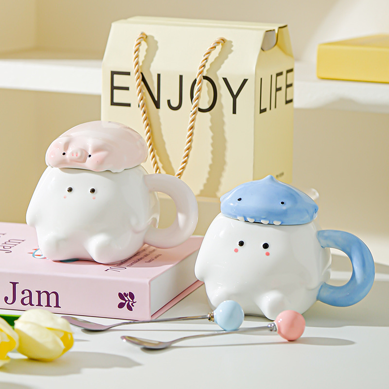 Creativo dibujado a mano de dibujos animados de animales tazas de cerámica red encantadora taza doméstica taza de agua potable de gran capacidad sensación de diseño