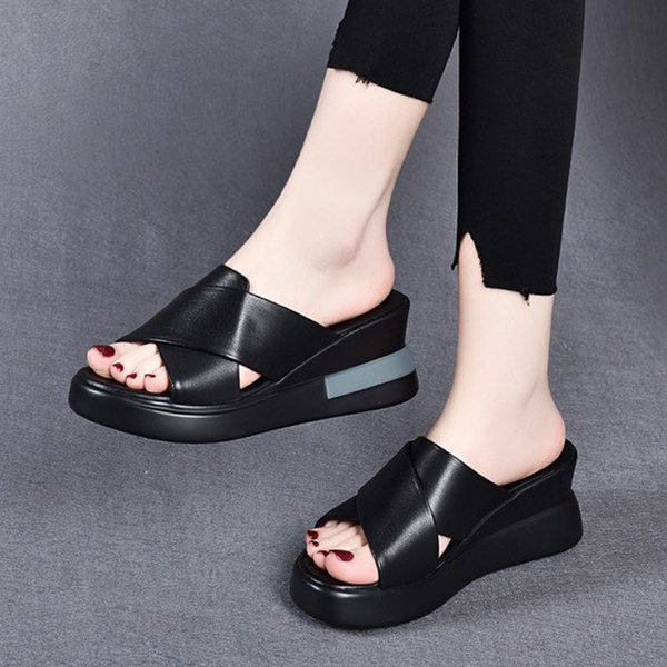 Dép sandal nữ đế xuồng da bò thật quai chữ V gót cao 9 cm — Màu đen (Da bò lớp đầu tiên)