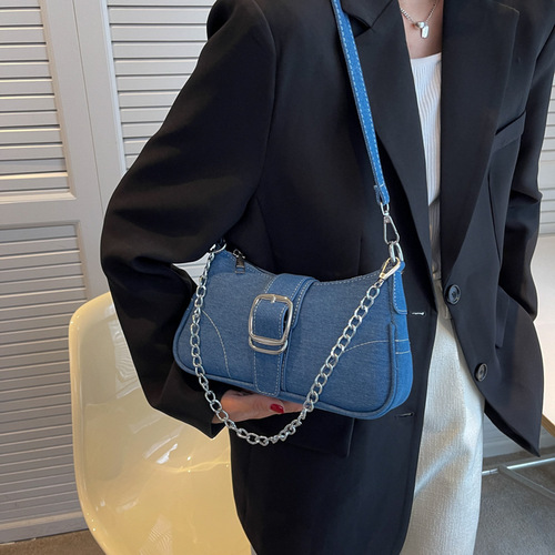 Denim baguette bag for women  new retro chain shoulder armpit bag niche high-end texture crossbody bag