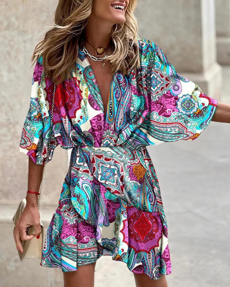 Printing, Pocket Design Fashion Style Multicolor Color Wholesale Women'S Fashion Printing Pocket Printing Color Block Holiday Daily V Neck 3/4 Length Sleeve Pencil Skirt