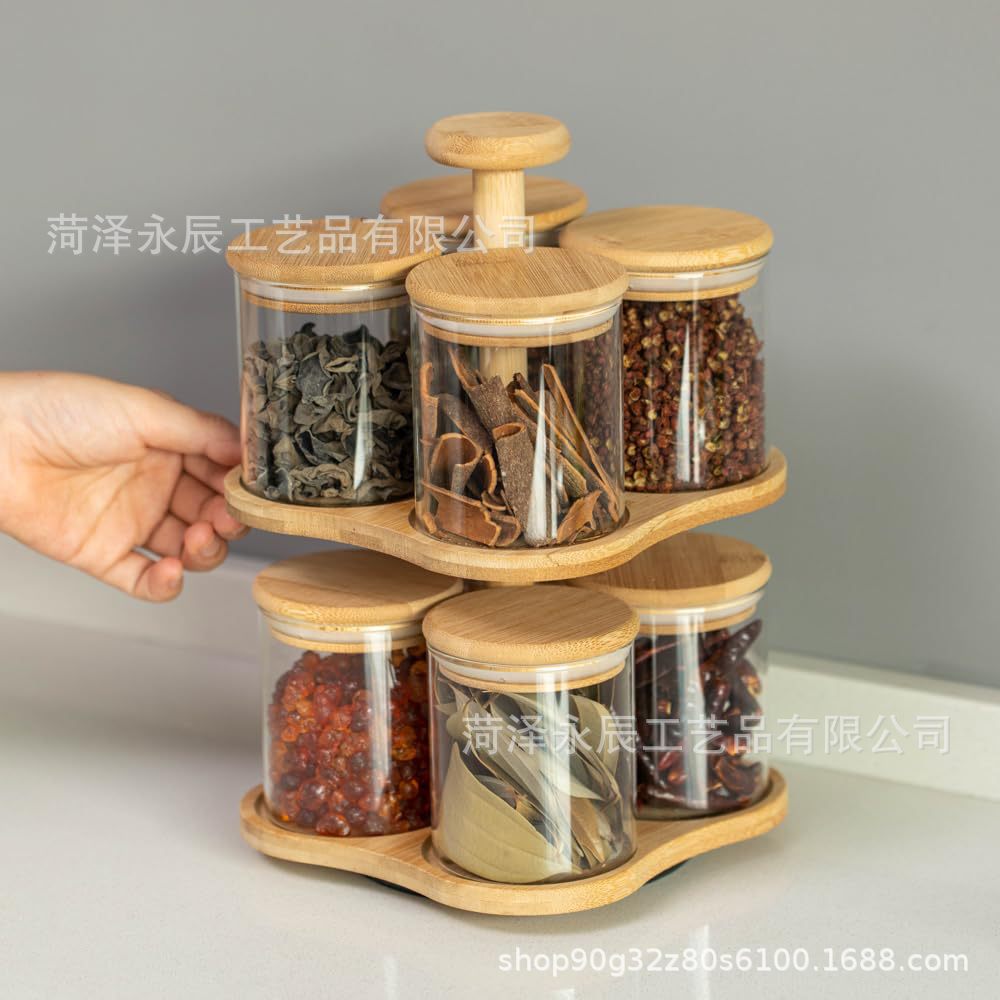 Rotating bamboo spice jar storage rack kitchen double-layer organizer desktop rotating storage rack solid wood storage rack