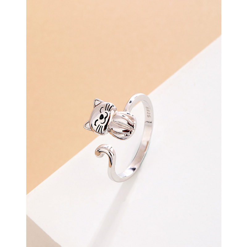 temu transfronterizo nuevo anillo de gato de plata esterlina 925 mujeres ins japonés y coreano diseño de nicho simple abertura de anillo de niña