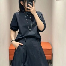 ER~鄂家灯笼袖衬衫女高级感24夏季新款简约通勤圆领短袖真丝上衣